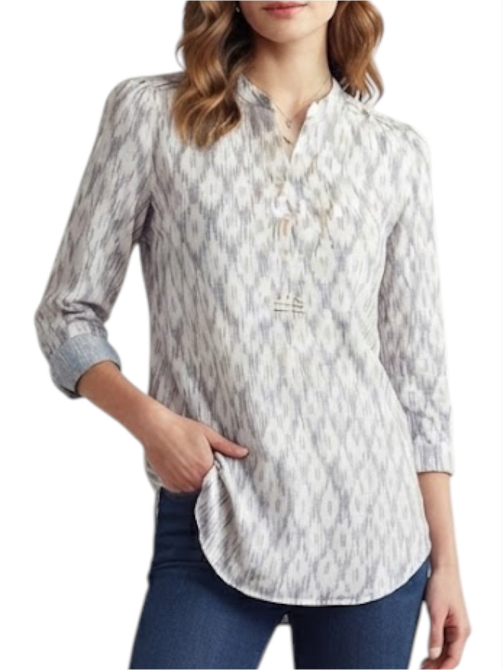 MASSIMO DUTTI Raindrop Print Collarless Tunic Shirt Grey Small Retro Academia